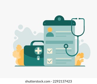 Stethoscope, shield and health insurance card. Health insurance, medical check up. Trendy style vector illustration.