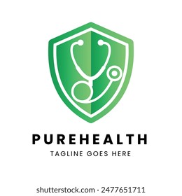 Stethoscope in shield shape. Green is used for logos in the health sector, clinics, hospitals or health products that prioritize quality and protection.