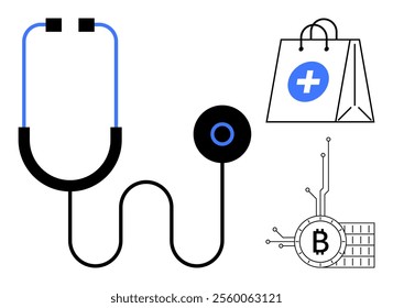 Stethoscope, shopping bag with a medical cross and Bitcoin symbol interconnected to represent healthcare, online shopping and cryptocurrency technology. Ideal for health, finance, technology