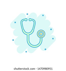 Stethoscope sign icon in comic style. Doctor medical vector cartoon illustration on white isolated background. Hospital business concept splash effect.