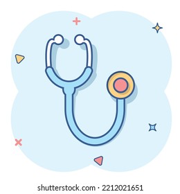 Stethoscope sign icon in comic style. Doctor medical vector cartoon illustration on white isolated background. Hospital business concept splash effect.