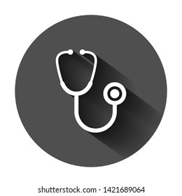 Stethoscope sign icon in flat style. Doctor medical vector illustration on black round background with long shadow. Hospital business concept.