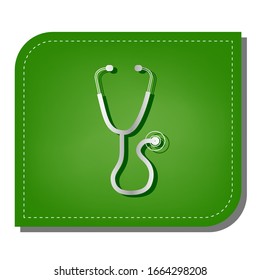 Stethoscope sign illustration. Silver gradient line icon with dark green shadow at ecological patched green leaf. Illustration.