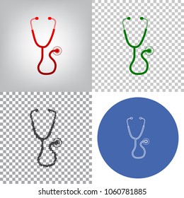 Stethoscope sign illustration. Vector. 4 styles. Red gradient in radial lighted background, green flat and gray scribble icons on transparent and linear one in blue circle.