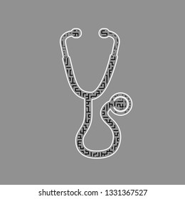 Stethoscope sign illustration. Vector. Black maze filled icon with white border at gray background.