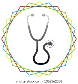 Stethoscope sign illustration. Vector. Black icon with patch of light inside colorful hexagonal frames at white background.
