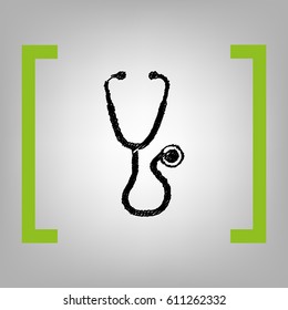 Stethoscope sign illustration. Vector. Black scribble icon in citron brackets on grayish background.
