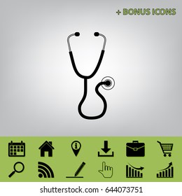 Stethoscope sign illustration. Vector. Black icon at gray background with bonus icons at celery ones
