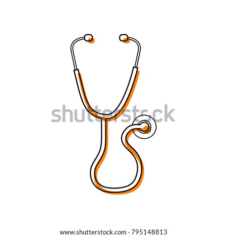 Stethoscope sign illustration. Vector. Black line icon with shifted flat orange filled icon on white background. Isolated.