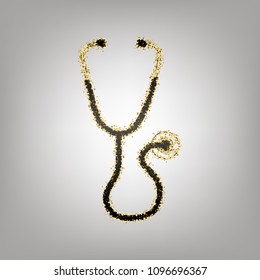 Stethoscope sign illustration. Vector. Blackish icon with golden stars at grayish background.