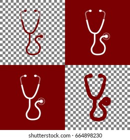 Stethoscope sign illustration. Vector. Bordo and white icons and line icons on chess board with transparent background.