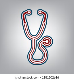Stethoscope sign illustration. Vector. Dark red, transparent and midnight green stroke of white icon at grayish background.