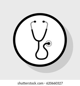 Stethoscope sign illustration. Vector. Flat black icon in white circle with shadow at gray background.