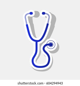 Stethoscope sign illustration. Vector. New year bluish icon with outside stroke and gray shadow on light gray background.