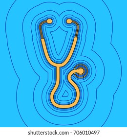 Stethoscope sign illustration. Vector. Sand color icon with black contour and equidistant blue contours like field at sky blue background. Like waves on map - island in ocean or sea.