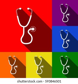 Stethoscope sign illustration. Vector. Set of icons with flat shadows at red, orange, yellow, green, blue and violet background.