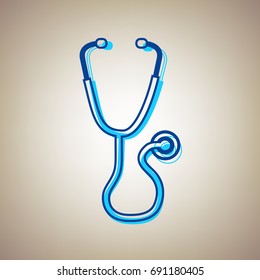 Stethoscope sign illustration. Vector. Sky blue icon with defected blue contour on beige background.