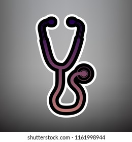 Stethoscope sign illustration. Vector. Violet gradient icon with black and white linear edges at gray background.