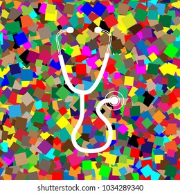 Stethoscope sign illustration. Vector. White icon on colorful background with seamless pattern from squares.