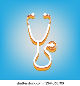 Stethoscope sign illustration. Vector. White icon with 3d warm-colored gradient body at sky blue background.