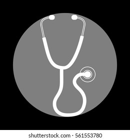 Stethoscope sign illustration. White icon in gray circle at black background. Circumscribed circle. Circumcircle.