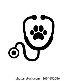 Stethoscope silhouette with animal paw print symbol. Veterinary medicine logo, isolated vector illustration.