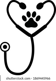 stethoscope silhouette with animal paw print icon on white background. flat style. veterinary medicine logo. medical and health care sign.