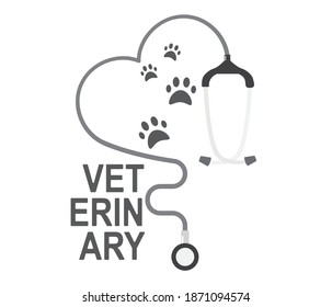 Stethoscope silhouette with animal paw print symbol. Veterinary medicine symbol, isolated vector illustration.
