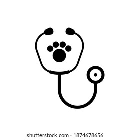 Stethoscope silhouette with animal paw print symbol. Veterinary medicine logo, isolated vector illustration.