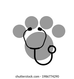 Stethoscope silhouette with animal paw print symbol. Veterinary medicine logo