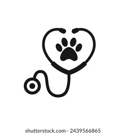 Silueta de estetoscopio con símbolo animal de la impresión de la pata. Icono de servicio de atención médica para mascotas, perros, gatos. Logo de medicina veterinaria, ilustración vectorial.