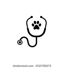 Stethoscope silhouette with animal paw print symbol. Pet, Dog, Cat health care service icon. Veterinary medicine logo, Vector illustration.