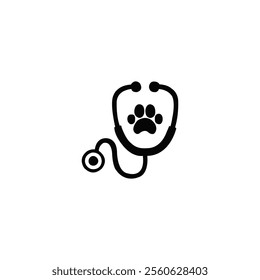 Stethoscope silhouette with animal paw print symbol. Veterinary medicine logo on white background.