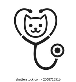 Silueta de estetioscopio con icono de la cara del gato. Logo de la clínica veterinaria, ilustración vectorial aislada.