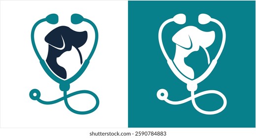 Stethoscope silhouette with dog and cat symbols. Veterinary logo, isolated vector illustration.