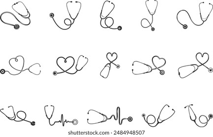 Stethoscope silhouette, Heart stethoscope silhouette, Doctor stethoscope silhouette, Nurse stethoscope silhouette