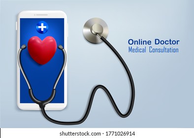 Stethoscope with smartphone and 3d heart for online doctor medical consultation