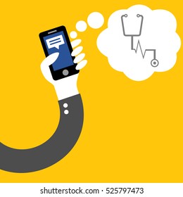 Stethoscope at social application phone in hand of businessman on yellow background vector.