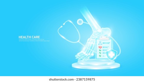 Stethoscope surrounded the ankle joint and symbol cross in shield glass. Check mark, red heart pulse in document form board floating on podium. Medical health care. Health insurance concept. Vector.