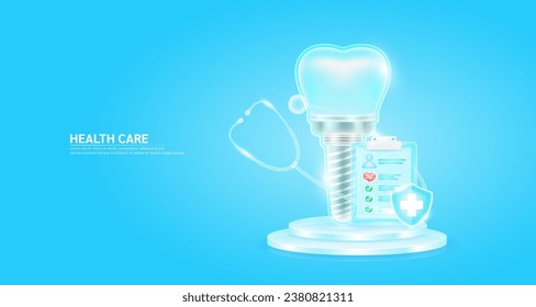 Stethoscope rodeó el implante dental y la cruz de símbolo en vidrio blindado. Marca de verificación, pulso de corazón rojo en tablero de forma de documento flotando en el podio. Atención médica. Concepto de seguro de salud. Vector