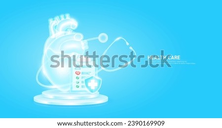 Stethoscope surrounded the heart and symbol cross in shield glass. Check mark, red heart pulse in document form board floating on podium. Medical health care. Health insurance concept. Vector EPS10.