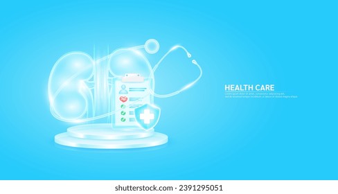 Stethoscope surrounded the kidney and symbol cross in shield glass. Check mark, red heart pulse in document form board floating on podium. Medical health care. Health insurance concept. Vector EPS10.
