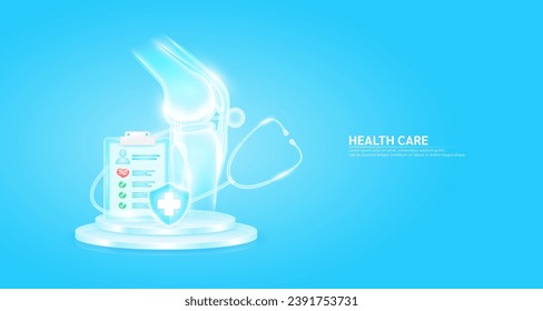 Stethoscope surrounded the knee joint bone and symbol cross in shield glass. Check mark, heart pulse in document form board floating on podium. Medical health care. Health insurance concept. Vector.
