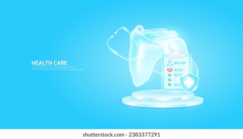 Stethoscope surrounded the shoulder and symbol cross in shield glass. Check mark, red heart pulse in document form board floating on podium. Medical health care. Health insurance concept. Vector EPS10
