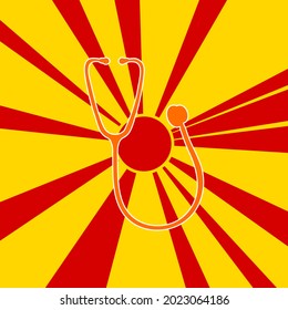 Símbolo estetioscopio en un fondo de líneas radiales de explosión de flash rojo. El gran símbolo naranja se encuentra en el centro del sol, simbolizando la salida del sol. Ilustración del vector sobre fondo amarillo