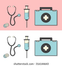 Stethoscope, syringe and a first aid kit, in a flat design