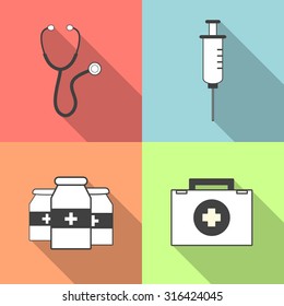 Stethoscope, syringe and a first aid kit, in a flat design. Medical Icons. Vector