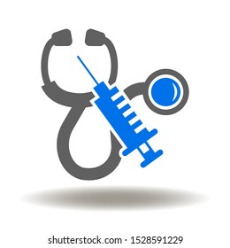 Stethoscope syringe icon vector. Constant health exam and prompt treatment therapy logo.