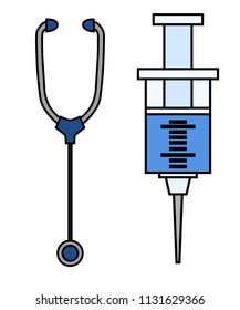 Stethoscope and syringe. Line design style, blue color. Illustration isolated on white background.