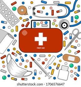 Stethoscope Syringe Scissors Mask Drugs and Pills medical  Vector illustration 